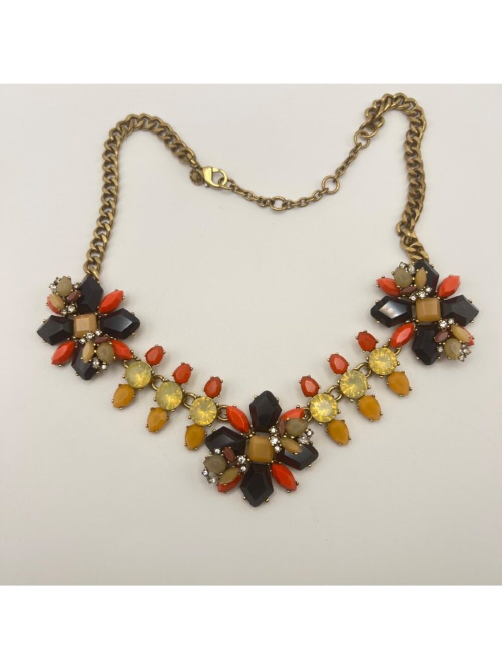 J Crew Statement Necklace Orange Black Yellow Floral Design 15+3" Gold Tone - Picture 2 of 11